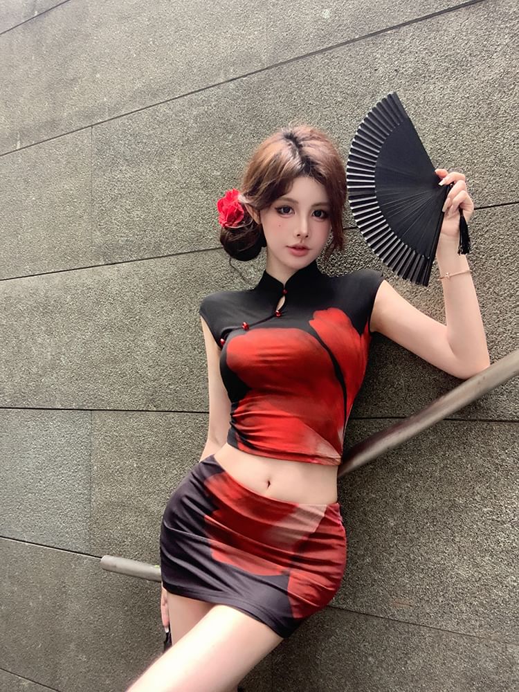 Mid / Floral Sleeve Crop Top Mini Print Waist Collar Skirt Pencil Cap Mandarin