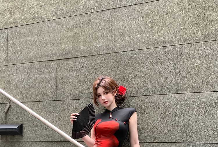 Mid / Floral Sleeve Crop Top Mini Print Waist Collar Skirt Pencil Cap Mandarin