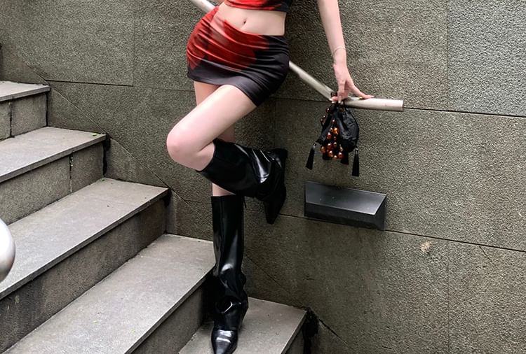 Mid / Floral Sleeve Crop Top Mini Print Waist Collar Skirt Pencil Cap Mandarin