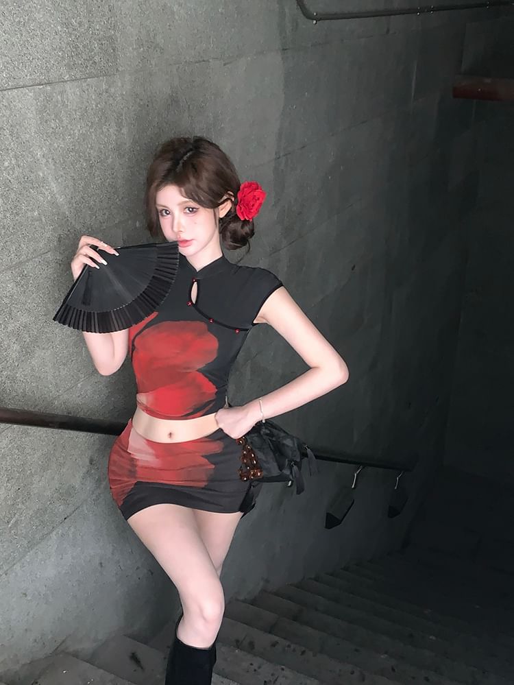 Mid / Floral Sleeve Crop Top Mini Print Waist Collar Skirt Pencil Cap Mandarin