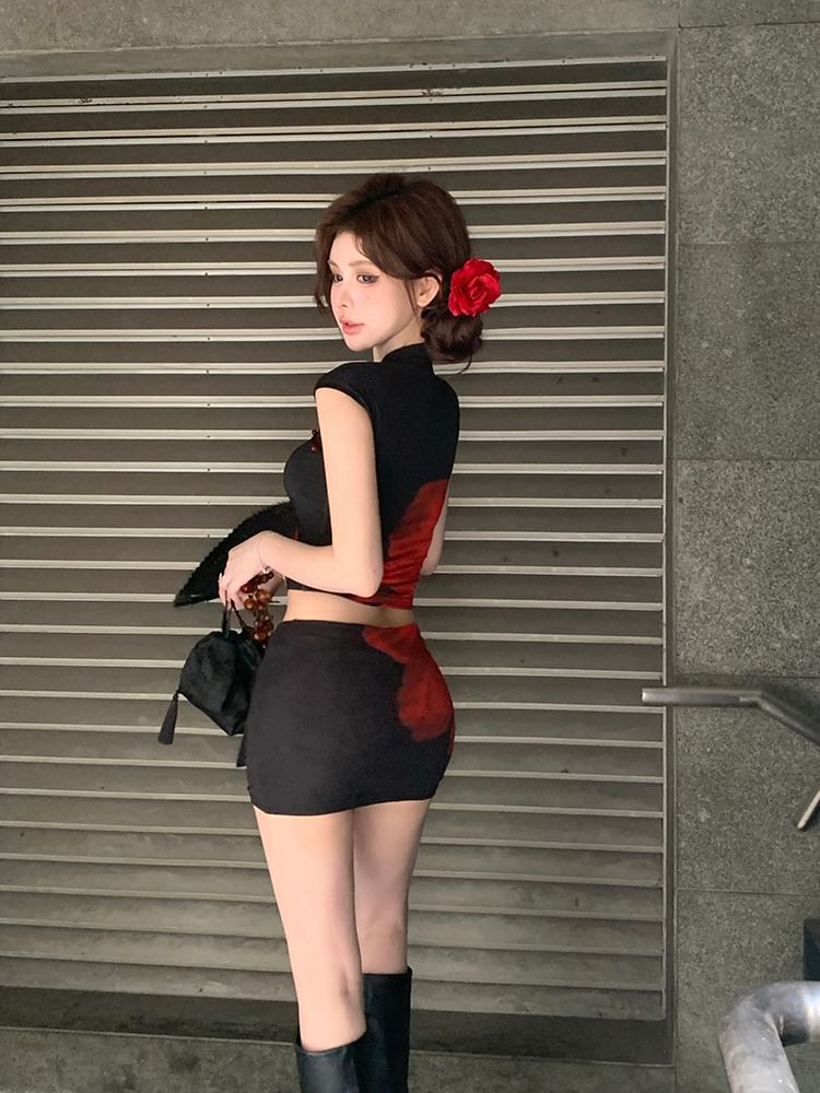 Mid / Floral Sleeve Crop Top Mini Print Waist Collar Skirt Pencil Cap Mandarin