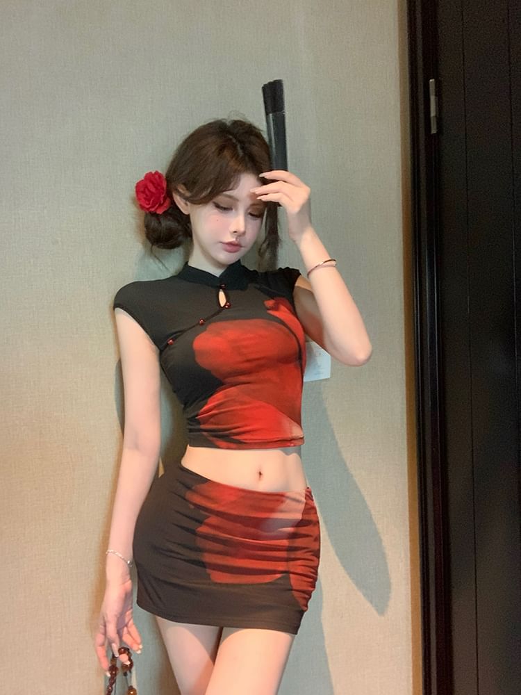 Mid / Floral Sleeve Crop Top Mini Print Waist Collar Skirt Pencil Cap Mandarin
