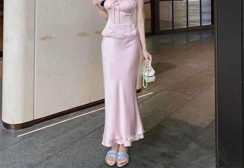 Frill High / Trim Fishtail Plain Sleeveless Maxi Top Skirt Waist