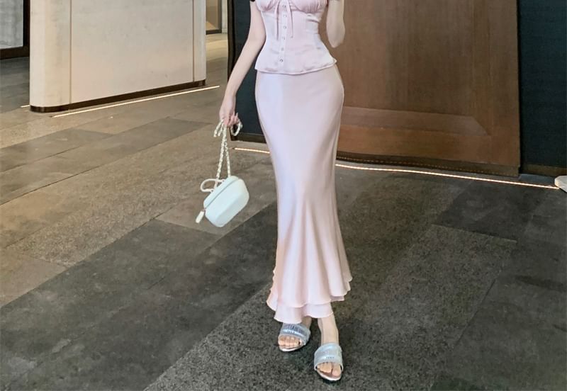 Frill High / Trim Fishtail Plain Sleeveless Maxi Top Skirt Waist