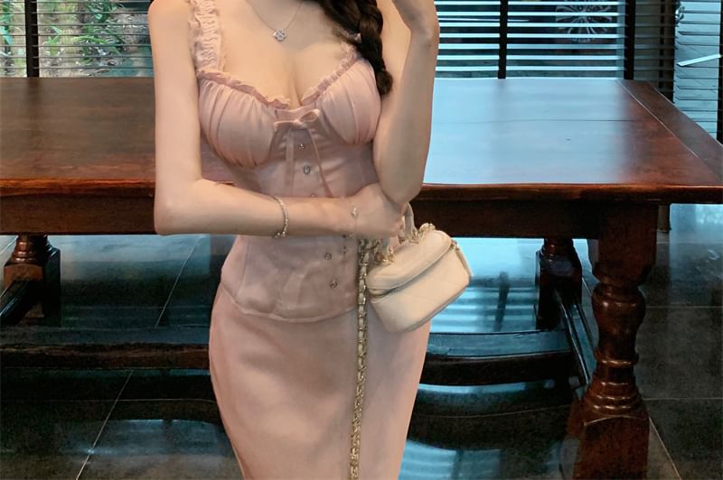 Frill High / Trim Fishtail Plain Sleeveless Maxi Top Skirt Waist