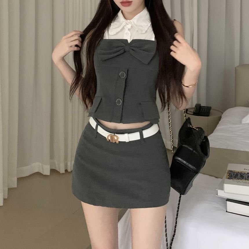 Crop Pencil Shirt Skirt Top Sleeveless Camisole Plain / Mini Button-Up