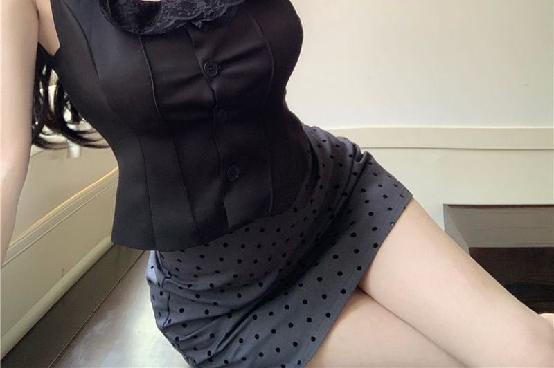 Neck Sleeveless Skirt Frill Square Top Trim / Mini Plain Dotted