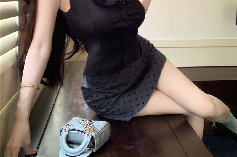 Neck Sleeveless Skirt Frill Square Top Trim / Mini Plain Dotted