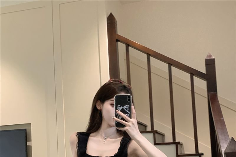 Neck Sleeveless Skirt Frill Square Top Trim / Mini Plain Dotted