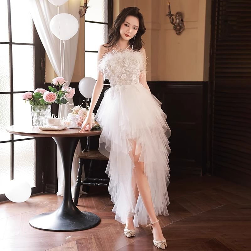 Sequin A-Line Gown High Fluffy Panel Mesh Evening Low Strapless