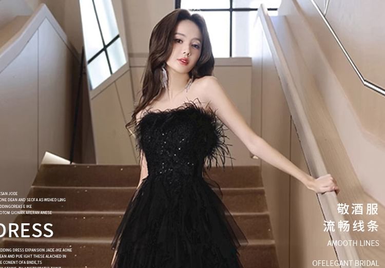 Sequin A-Line Gown High Fluffy Panel Mesh Evening Low Strapless