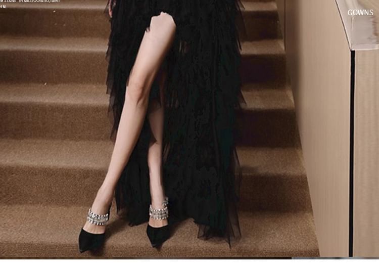 Sequin A-Line Gown High Fluffy Panel Mesh Evening Low Strapless