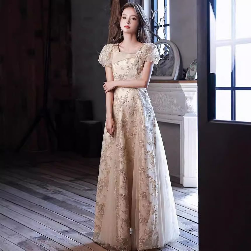 Faux Sequin Floral Pearl Evening Puff-Sleeve Neck Square Gown Embroidered A-Line