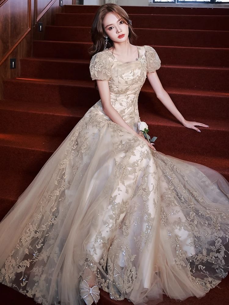 Faux Sequin Floral Pearl Evening Puff-Sleeve Neck Square Gown Embroidered A-Line