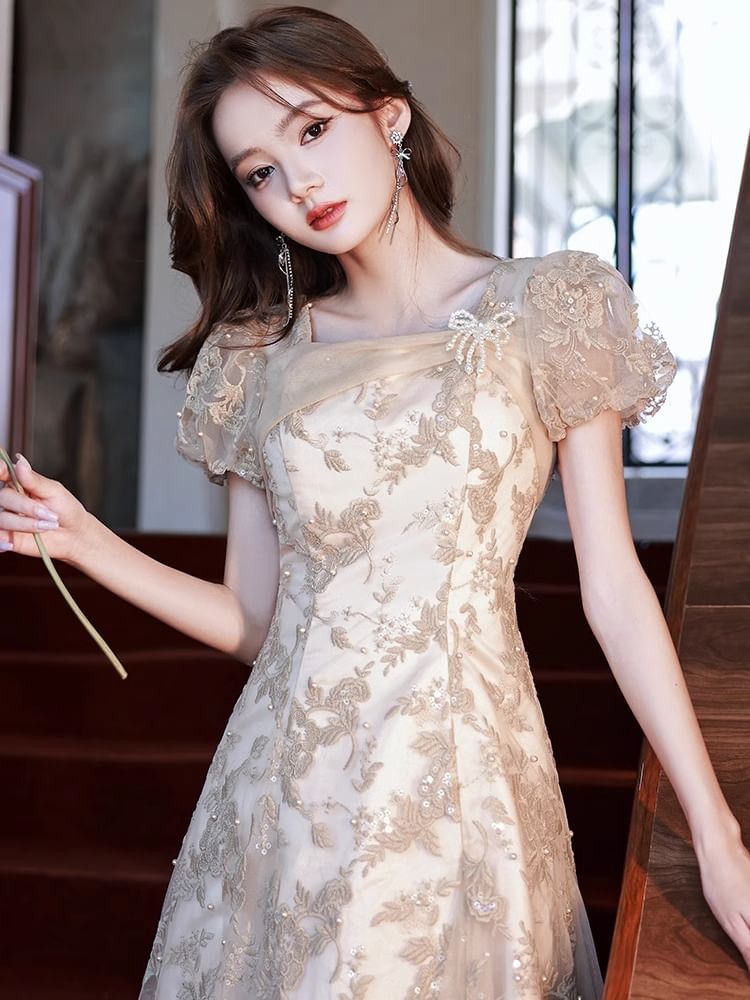 Faux Sequin Floral Pearl Evening Puff-Sleeve Neck Square Gown Embroidered A-Line