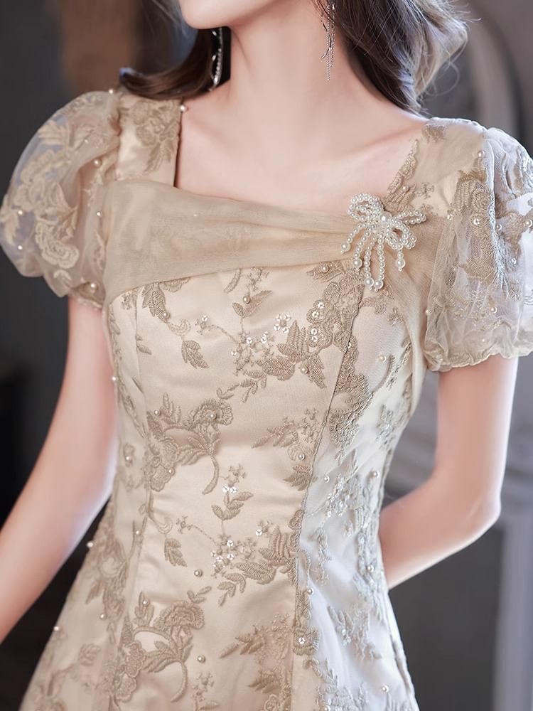 Faux Sequin Floral Pearl Evening Puff-Sleeve Neck Square Gown Embroidered A-Line