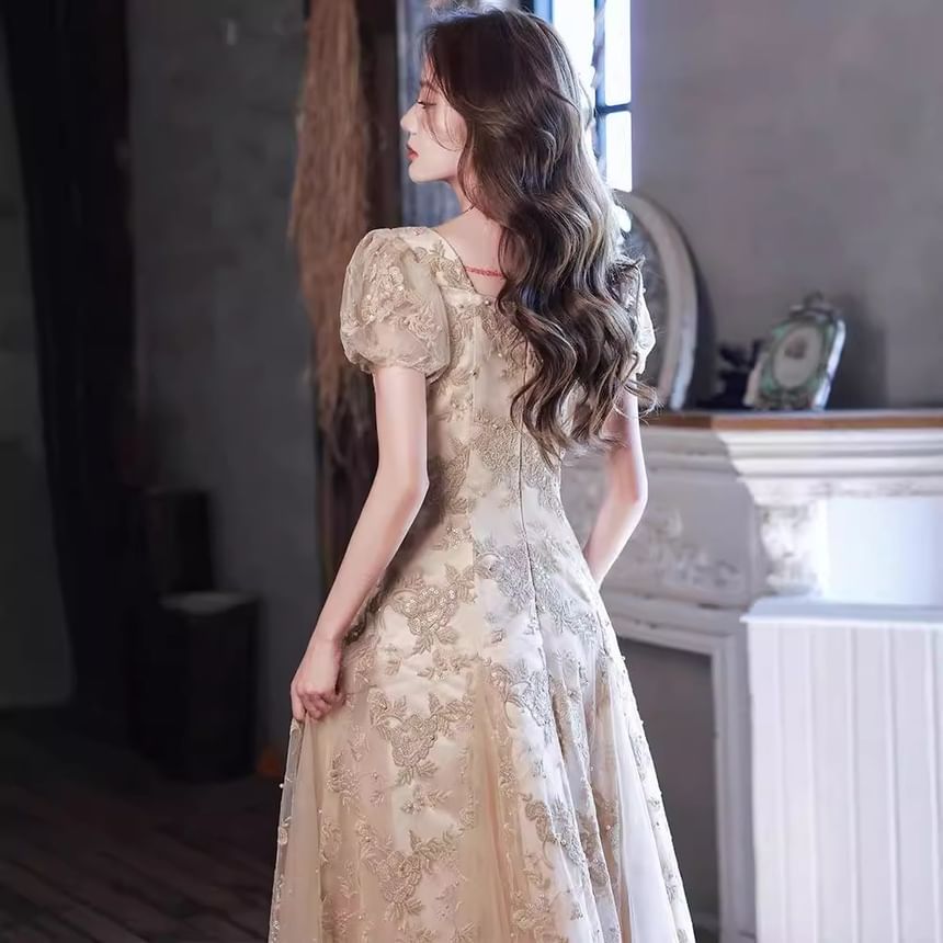 Faux Sequin Floral Pearl Evening Puff-Sleeve Neck Square Gown Embroidered A-Line