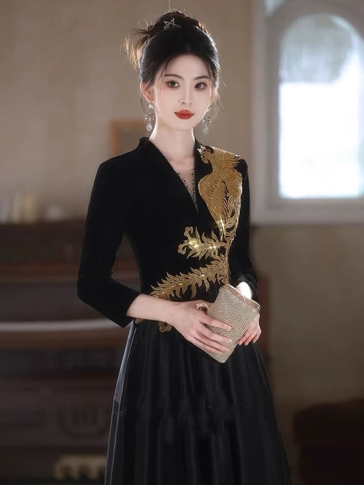 Gown Evening Phoenix Sequin Embroidered A-Line Long-Sleeve V-Neck