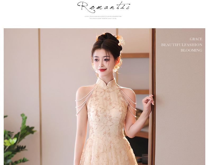 Jacquard Neck Fringed Pearl Collar A-Line Dress Evening Floral Faux Stand Halter