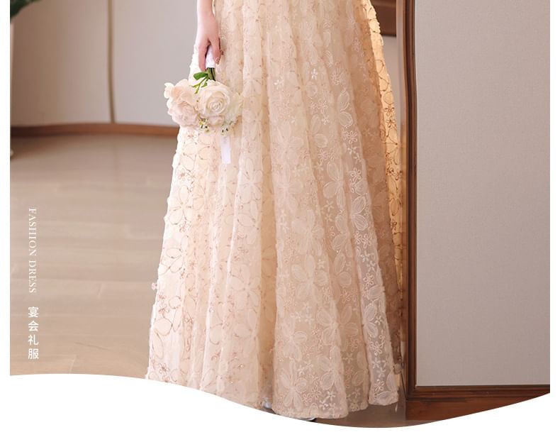 Jacquard Neck Fringed Pearl Collar A-Line Dress Evening Floral Faux Stand Halter