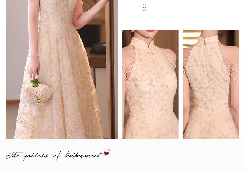 Jacquard Neck Fringed Pearl Collar A-Line Dress Evening Floral Faux Stand Halter