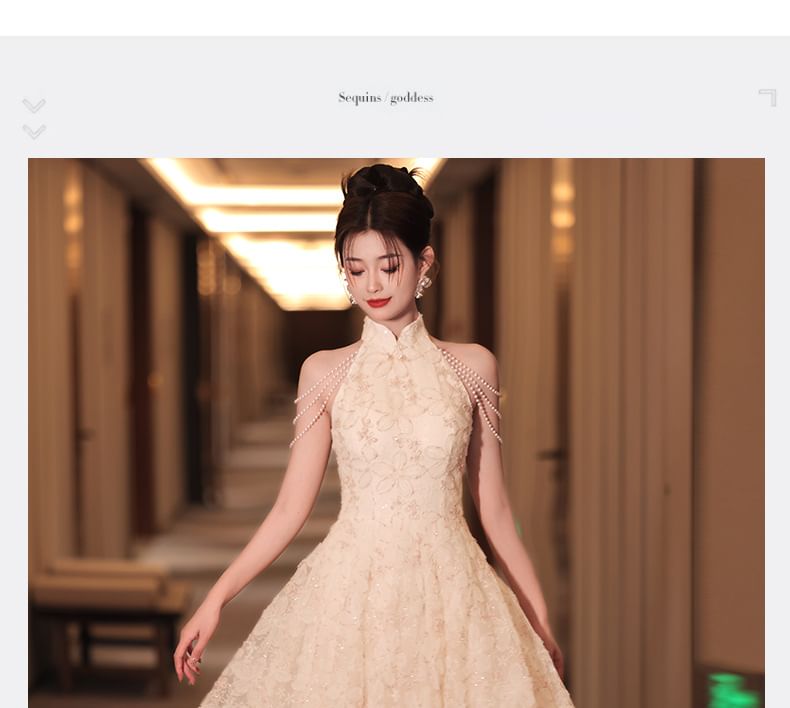 Jacquard Neck Fringed Pearl Collar A-Line Dress Evening Floral Faux Stand Halter