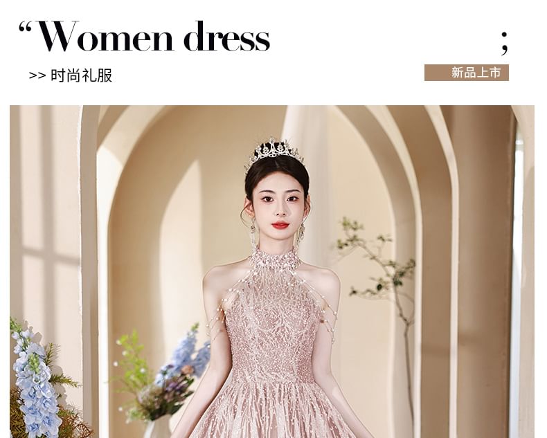 Fringed Pearl Back Evening A-Line Faux Mock Neck Halter Gown Cutout