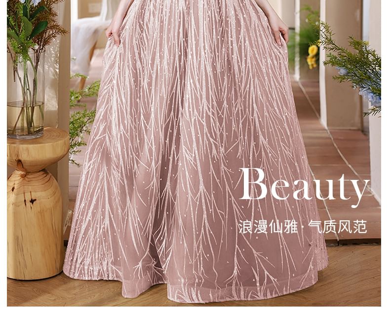 Back Fringed Halter Gown Mock Neck A-Line Evening Faux Cutout Pearl