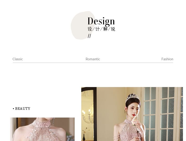 Back Fringed Halter Gown Mock Neck A-Line Evening Faux Cutout Pearl