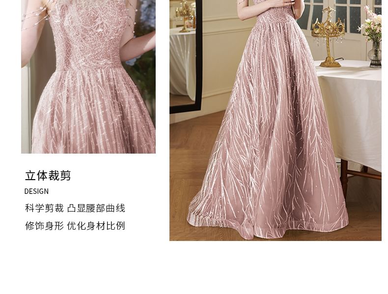 Fringed Pearl Back Evening A-Line Faux Mock Neck Halter Gown Cutout