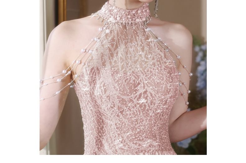 Fringed Pearl Back Evening A-Line Faux Mock Neck Halter Gown Cutout