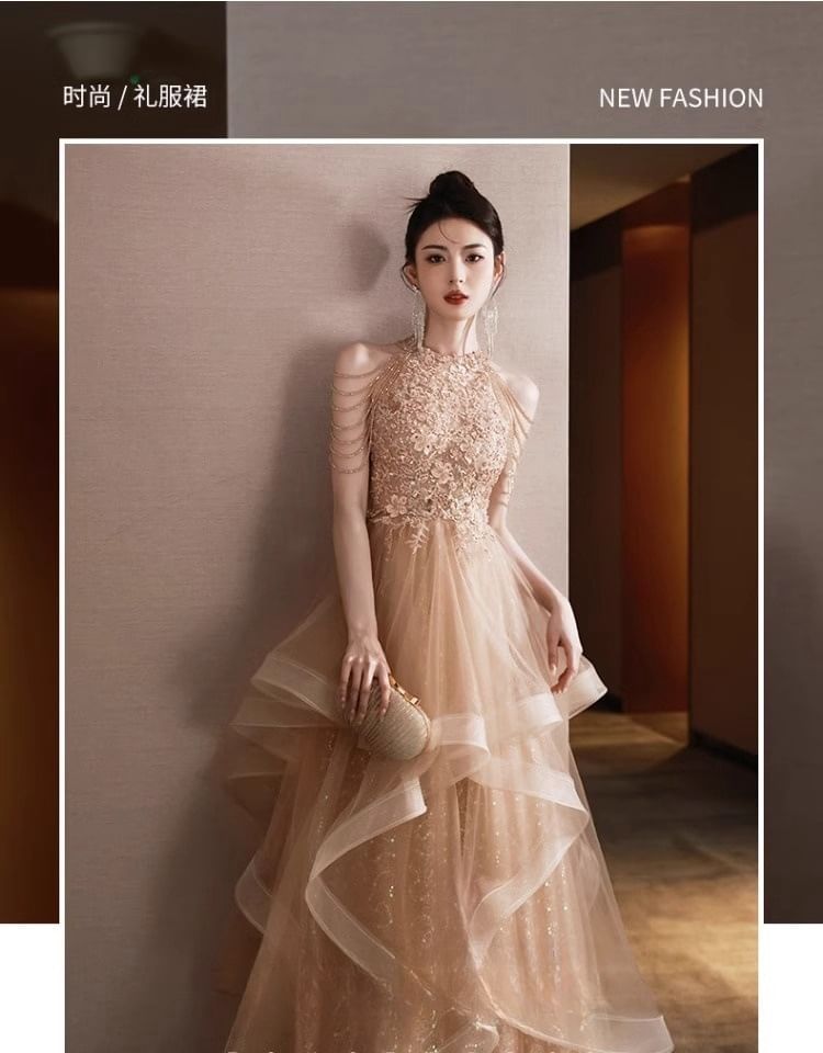 Halter Sequin A-Line Evening Floral Fringed Layered Neck Gown