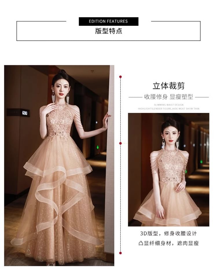 Halter Sequin A-Line Evening Floral Fringed Layered Neck Gown