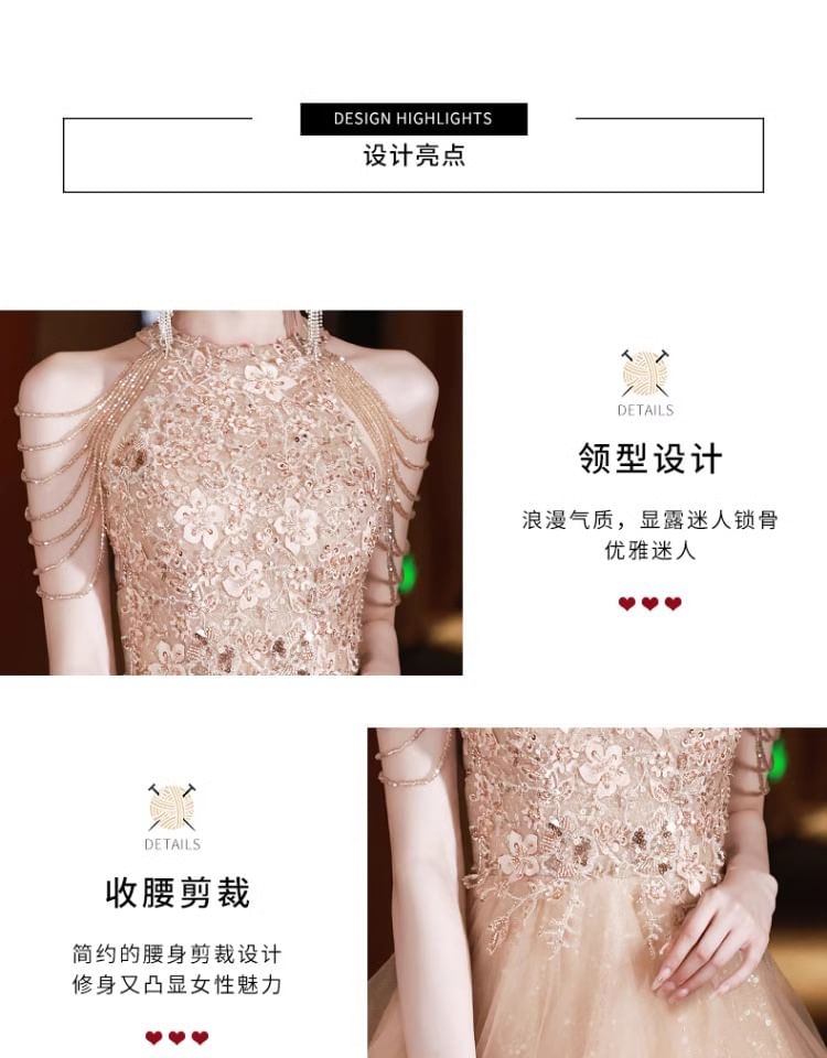 Halter Sequin A-Line Evening Floral Fringed Layered Neck Gown