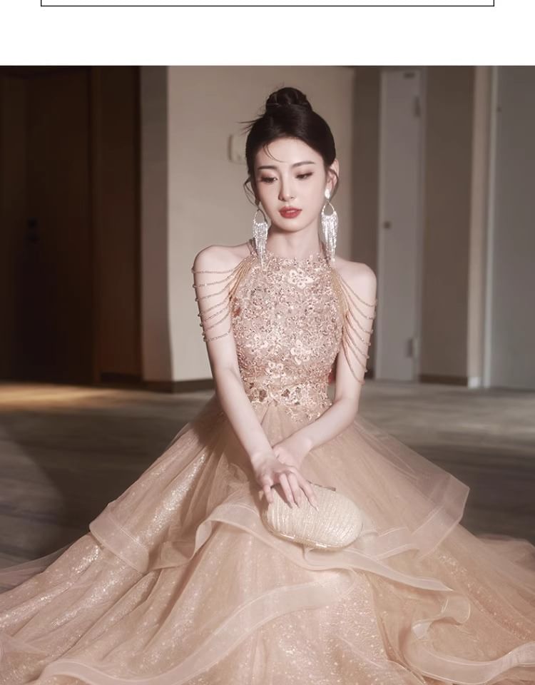 Fringed Evening Layered Halter Gown Floral Neck Sequin A-Line