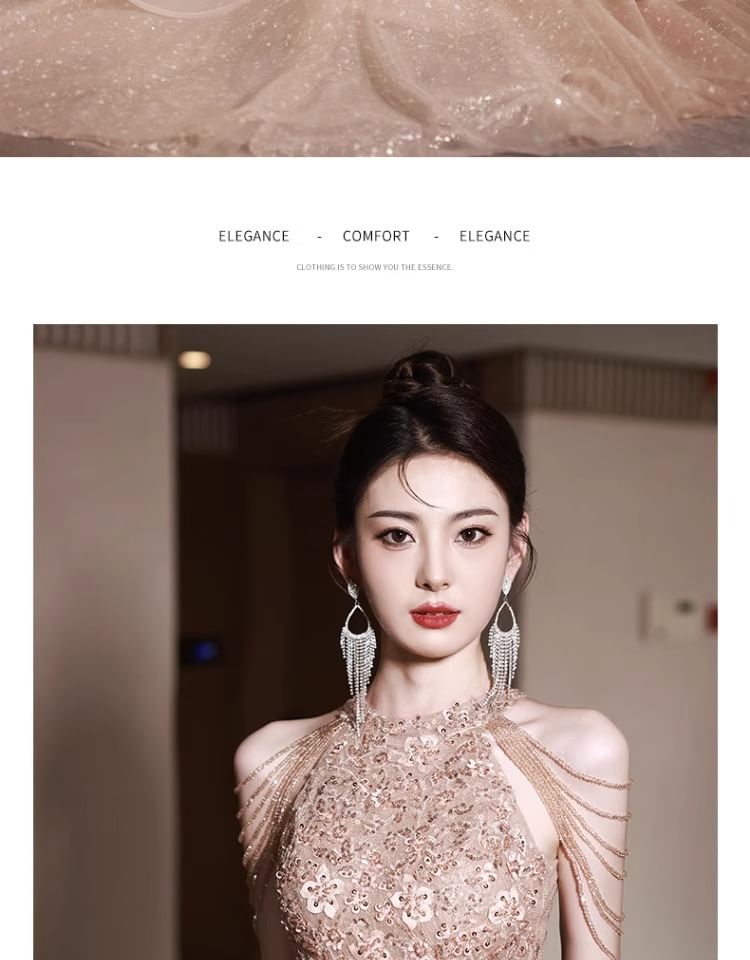 Fringed Evening Layered Halter Gown Floral Neck Sequin A-Line