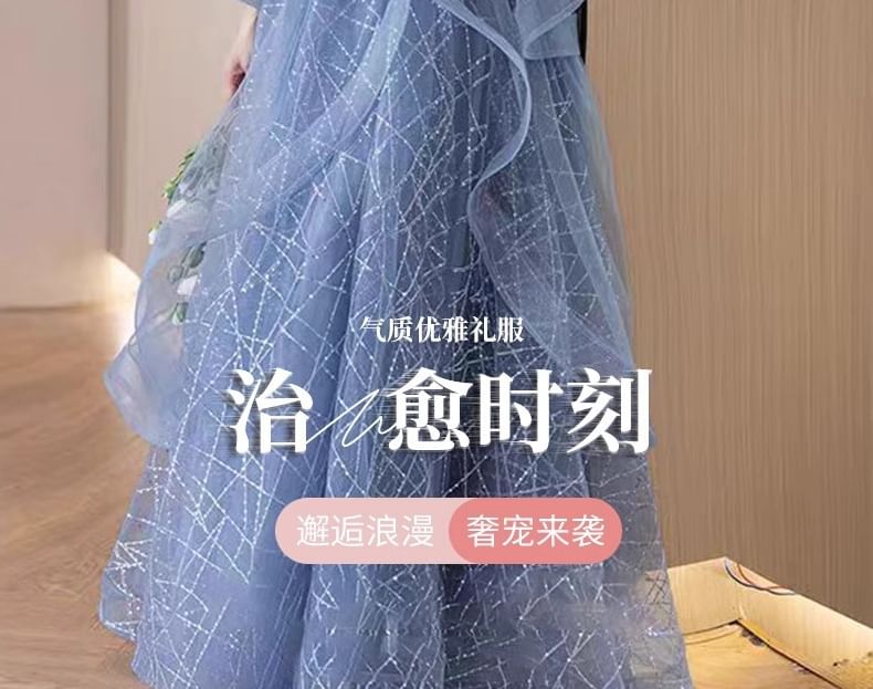 Sequin Off-Shoulder Evening Floral A-Line Gown Ruffle