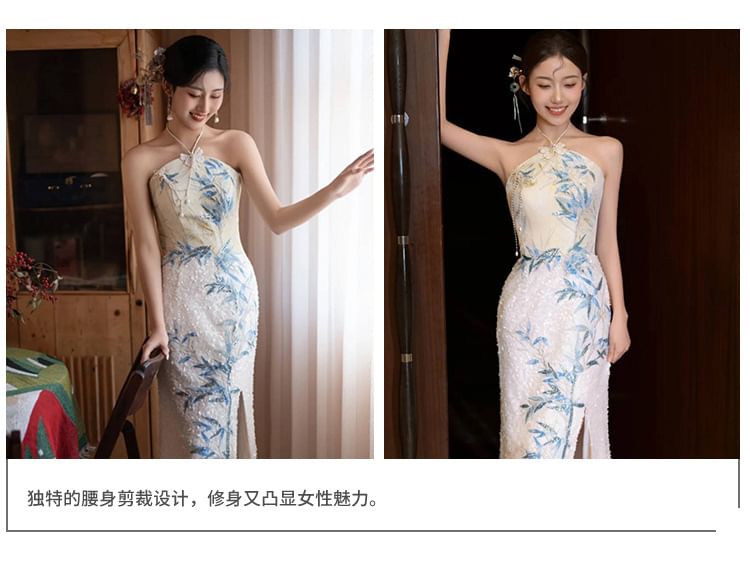 Dress Embroidered Slit Mermaid Evening Bamboo Sequin Neck Halter