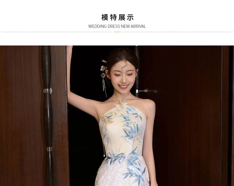 Dress Embroidered Slit Mermaid Evening Bamboo Sequin Neck Halter