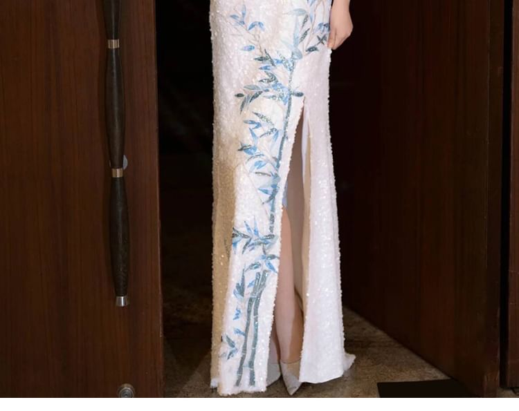 Dress Embroidered Slit Mermaid Evening Bamboo Sequin Neck Halter