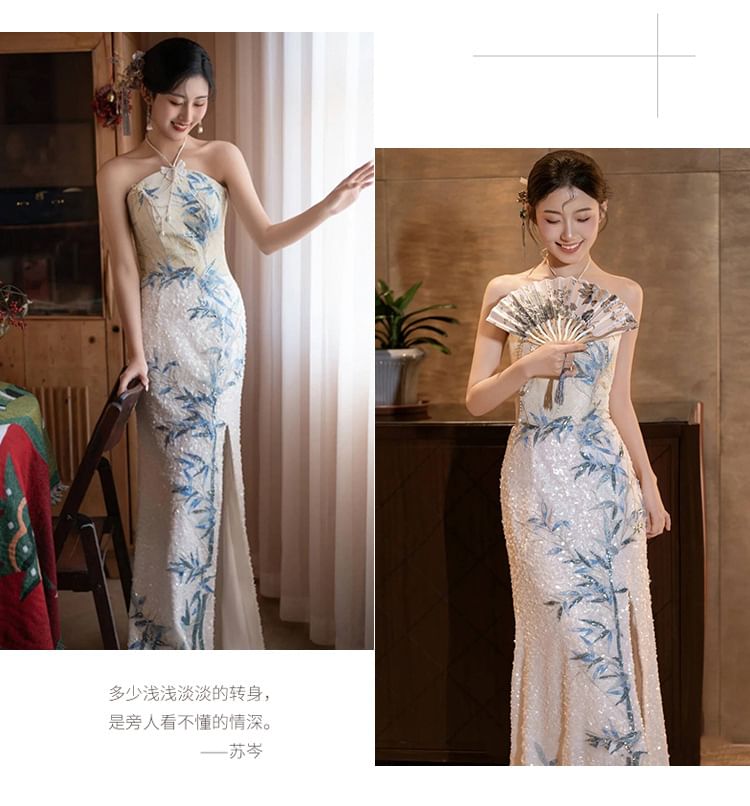 Dress Embroidered Slit Mermaid Evening Bamboo Sequin Neck Halter