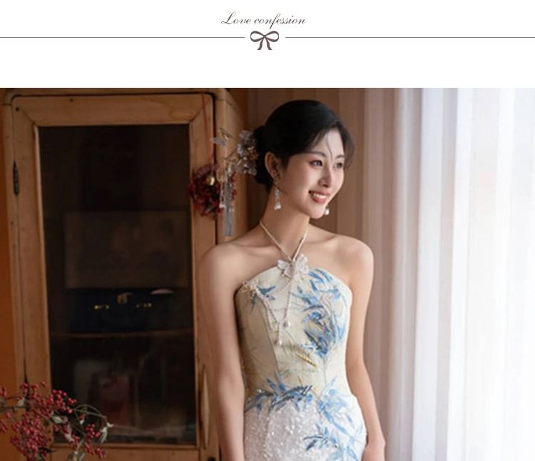 Dress Embroidered Slit Mermaid Evening Bamboo Sequin Neck Halter