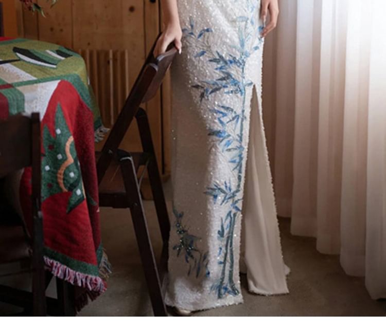 Dress Embroidered Slit Mermaid Evening Bamboo Sequin Neck Halter