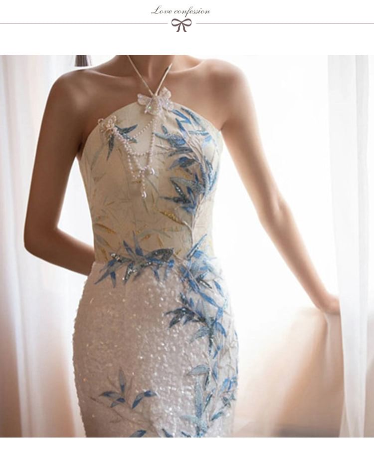 Dress Embroidered Slit Mermaid Evening Bamboo Sequin Neck Halter