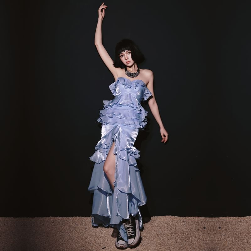 Evening Ruffle Slit Tube Gown Plain Mermaid