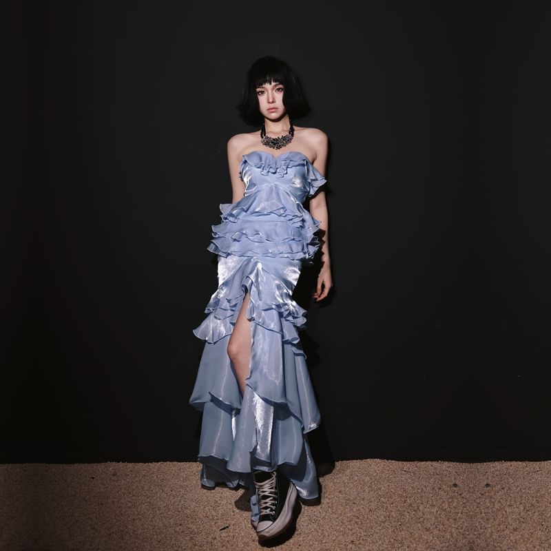 Evening Ruffle Slit Tube Gown Plain Mermaid