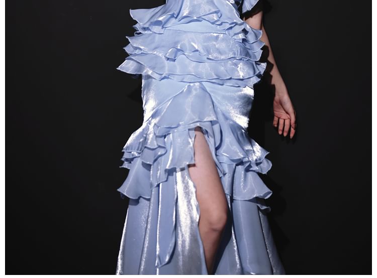 Evening Ruffle Slit Tube Gown Plain Mermaid