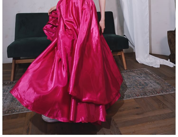 Plain Neck Square Gown Evening A-Line Satin Sleeveless Ruched