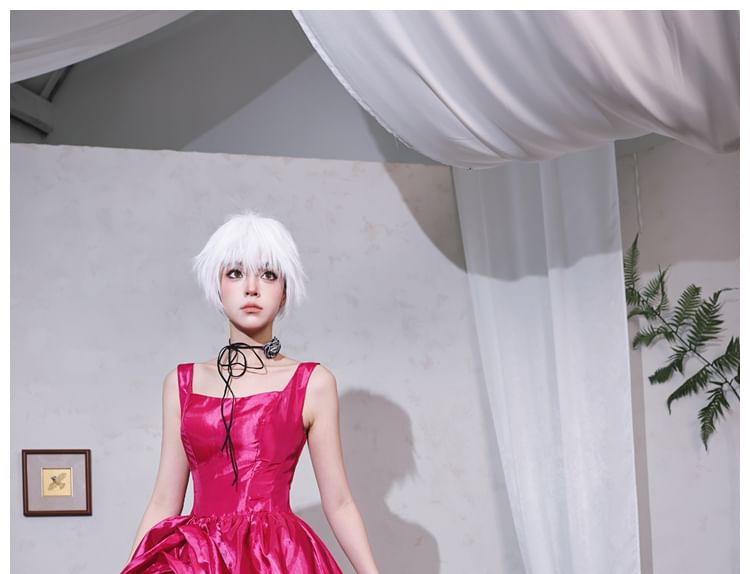 Plain Neck Square Gown Evening A-Line Satin Sleeveless Ruched