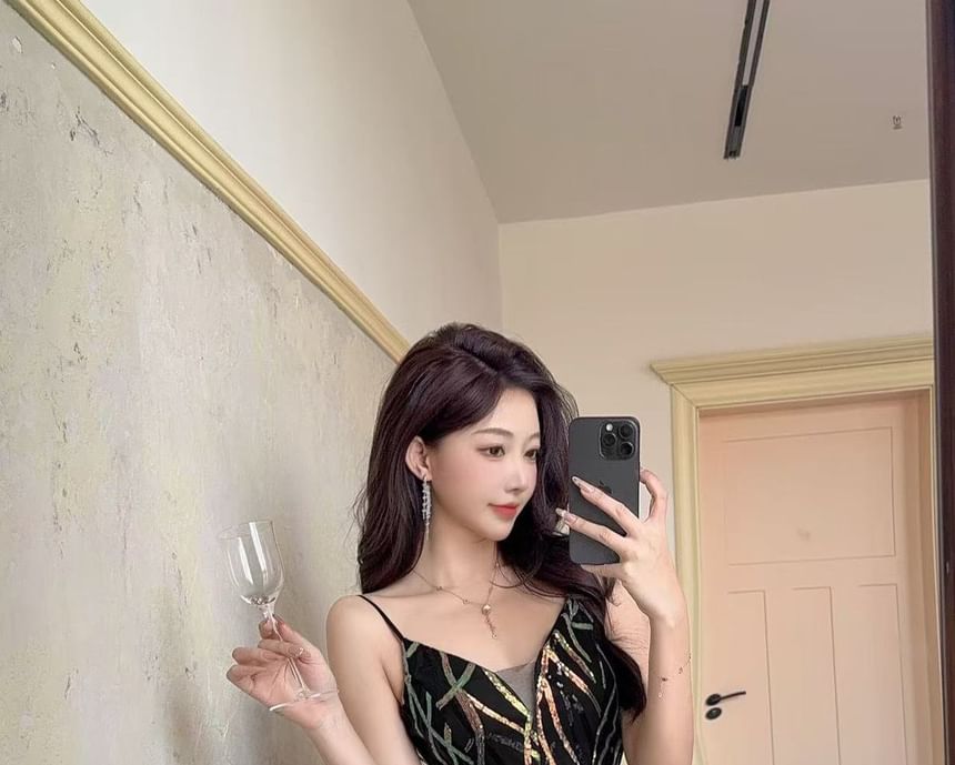 Sequin Sheath Patterned Strap Spaghetti Gown Evening